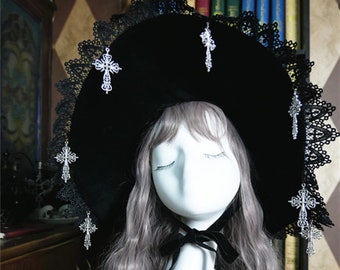 Gorgeous Witch Hat with Cross Pendant, Velvet Halloween Cosplay Hat, Magic Hat, Lolita Hat, Halloween Gifts