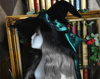 2022 NEW Pine Green Halloween Witch Hat, Satin Bow Magic Wizard Hat, Halloween Velvet Hat with Lace Brim, Cosplay Handmade Hat