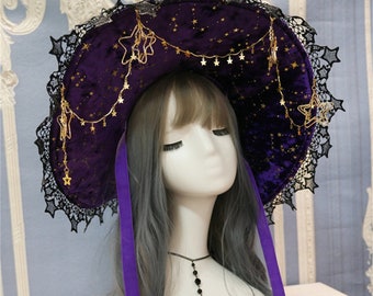 Romantic Purple Starry Halloween Wizard Hat Star Chain Magic Witch Hat Star Lace Hat Halloween Gifts for Halloween Party Lolita Cosplay Hat