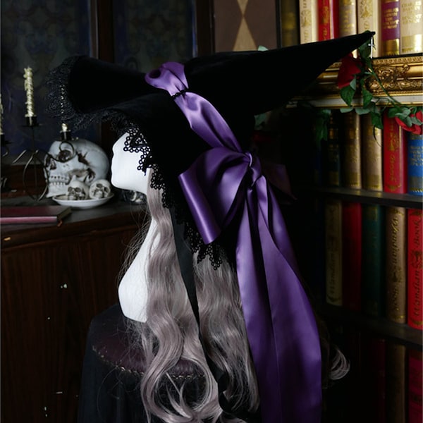 Chapeau magique violet romantique, chapeau d’Halloween en satin violet, nouveau chapeau de sorcière pour adultes, chapeau de sorcier Gig Brim en dentelle, fête de cosplay