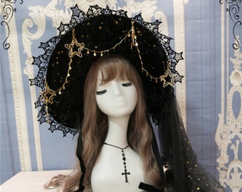 Original Starry Sky Witch Hat Gorgeous Lolita Black Bow-knot Wizard Hat Halloween Gifts Lolita Party Hat Halloween Party Hat
