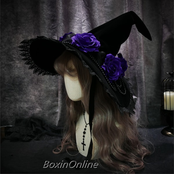 Chapeau de sorcière en velours rouge violet / bleu / vin, chapeau magique de perles avec bord de dentelle, chapeau de sorcier d’Halloween, cadeaux spéciaux d’Halloween, cadeaux d’anniversaire