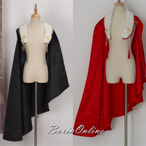 Creative Irregular Hem Cloak, Costume Adult Cape with Faux Fur Collar, Handmade Black / Red Cloak, Jacquard Fabric