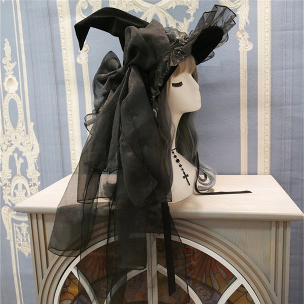 Gorgeous Witch Hat with Veil, Velvet Halloween Cosplay Hat with Big Bow, Magic Hat with Long Veil