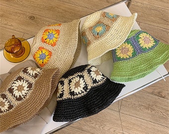 Boho Florale Sommer Strohhut, handgemachte Gehäkelte Blumen Sonnenhut, Frauen Strandhut, schicke florale Faltmütze, Geschenke für Sie