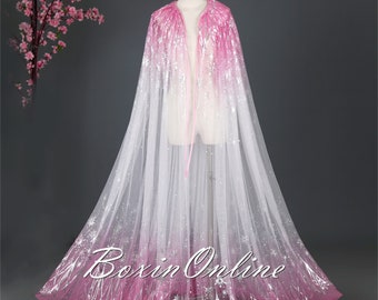 Pink Gradient Cape, Adult Long Cloak, Beautiful Wedding Transparent Cloak, Silver Star Handmade Cloak, Robe, Fairy Cloak