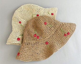 Red Cherry Straw Hat, Summer Beach Hat, Handmade Summer Hat, Packable Sun Hat, Straw Hat Women, Gifts for Mother
