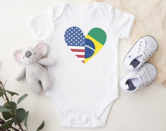 Brazil USA Flag Heart Baby Bodysuit - Brazilian American Gift