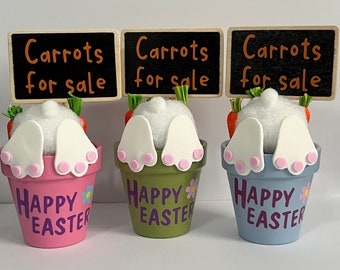 Happy Easter bunny butt, Easter rabbit,  Painter Easter terra cotta pot, Tiered tray Easter decor