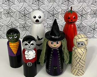 Hand Painted Halloween Peg Dolls: Spooky Wood Decor