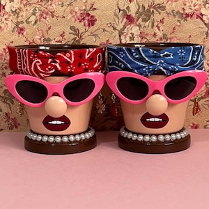 May include: Two terracotta planters shaped like faces, each wearing bright pink cat-eye sunglasses, a pearl necklace, and a fabric headband. One planter features a red paisley headband, while the other has a blue paisley headband. Both have painted lips.