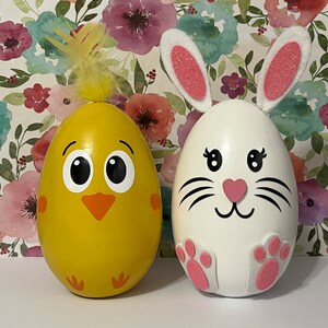 Wooden egg shaped bunny, Wooden Easter chick, Wooden happy Easter decor, Easter gift