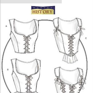 May include: A Butterick B4669 Making History sewing pattern illustration featuring four variations of a bodice or corset top. The designs include lace-up front closures, square necklines, and options with or without peplum hems and shoulder straps.