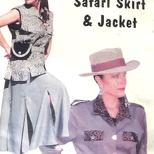 May include: A sewing pattern for a safari skirt and jacket. The pattern features a photo of two women wearing the skirt and jacket. The skirt is a light grey colour with a slit up the front. The jacket is a light purple colour with a leopard print collar and pockets. The text "Safari Skirt & Jacket" is printed on the pattern. The text "XS-XXL" is printed on the bottom of the pattern.