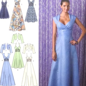May include: A Simplicity sewing pattern showing a blue formal gown with a sweetheart neckline and cap sleeves. The pattern includes illustrations of various dress styles and sizes.