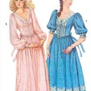 May include: An illustration of two women in Gunne Sax dresses. One is pale pink with long sleeves and a frilled hem. The other is blue with short, puffed sleeves and lace trim. The Gunne Sax logo is at the top.