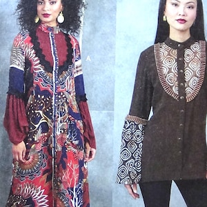 May include: Vogue pattern V1904 showing two women in dresses. The dress on the left is a long, colourful design with a red, blue, and white pattern. The dress on the right is a dark brown colour with a decorative collar and patterned sleeves.