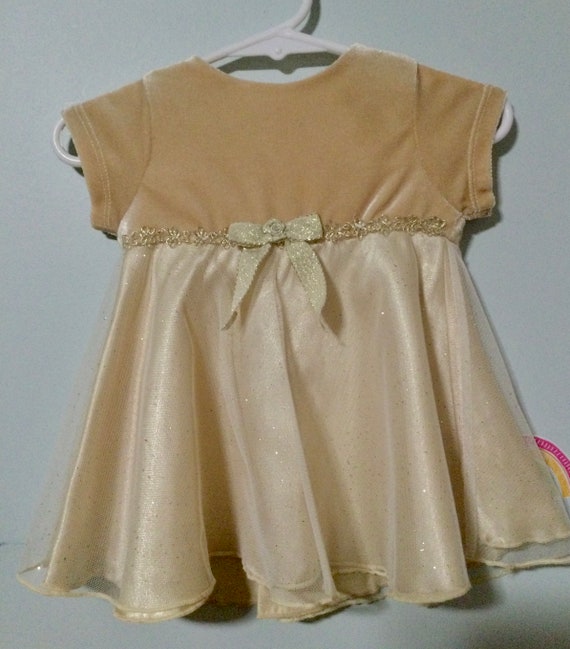 Vintage Baby Girl Gold Cream Fancy Layered Dress. 