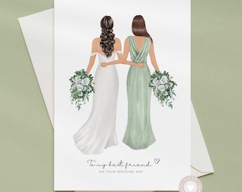 Personalised Best Friend Wedding Day Card, Bride and Best Friend Card, Custom Wedding Morning Keepsake Card, Bride & Bridesmaid Illustration