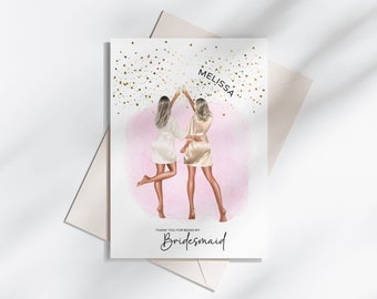 Thank You For Being My Bridesmaid Card, Personalised Maid Of Honour Thank You, Bridesmaid Illustration, For Wedding Bridal Party Gift Box.