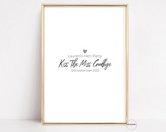 Kiss The Miss Goodbye Junggesellinnenabschied, Junggesellinnenabschied und Brautparty Spiel. Bearbeitbare Vorlage für den digitalen Download. Sauberes und edles Hen Do Geschenk