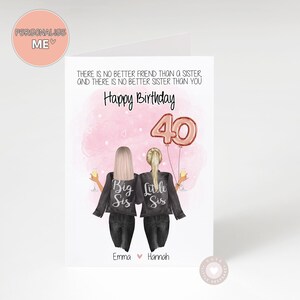 Sister 40th Birthday Card, Happy Birthday Best Sister Personalised Birthday Card, Big Sis Little Sis Custom People Print, Best Friend Gift
