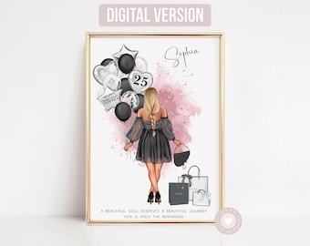 Personalised 25th Birthday Gift For Her Custom Birthday Picture Best Friend Print, Happy Sweet 16th, 18th, 21st, 30th, 40th Illustration Art