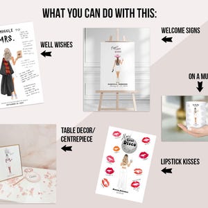 May include: A collection of personalized items for a wedding or hen party. The image displays a welcome sign, a mug, a framed print, and a card, all with bride illustrations. There is also a print with lipstick kisses and a well wishes card.