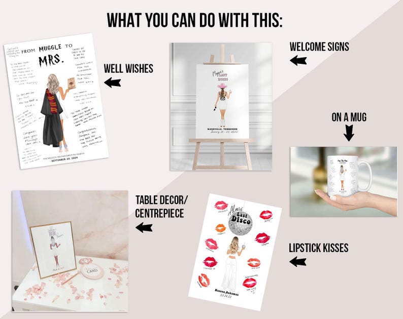 May include: A collection of personalized items for a wedding or hen party. The image displays a welcome sign, a mug, a framed print, and a card, all with bride illustrations. There is also a print with lipstick kisses and a well wishes card.