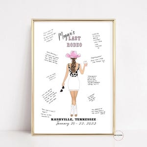 May include: A framed illustration with the text "Megan's Last Rodeo" and the location and date of the event. The artwork depicts a woman in a white dress, cowboy boots, and a pink cowboy hat, holding a coffee cup and sunglasses.