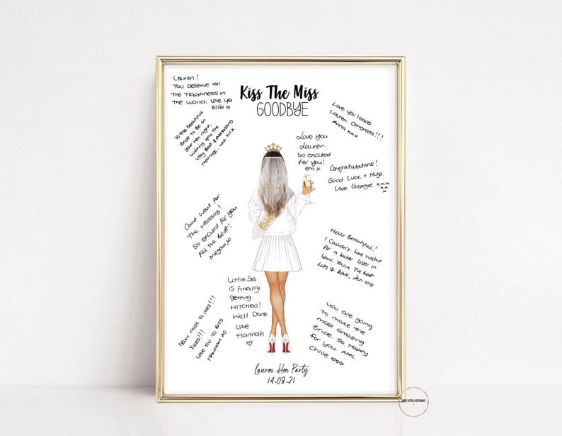 Personalised Kiss The Miss Goodbye Guestbook Alternative Hen Party Print Bride To Be Gift, Bachelorette Party Gift, Bridal Shower Keepsake image 1