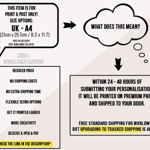May include: Graphic with text detailing print and post services. It specifies UK A4 size (21cm x 29.7cm / 8.3 x 11.7 inches), printing, shipping, and personalization information. The graphic also highlights reduced prices and flexible sizing options.