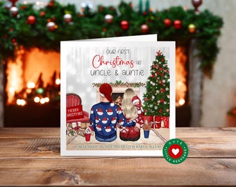 Personalised Happy First Christmas as My Auntie & Uncle Newborn Baby’s First Christmas Card, Festive Holiday Keepsake Drawing Handmade Card