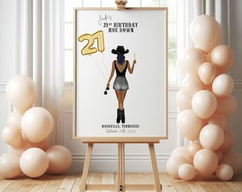 Personalised 21st Birthday Cowgirl Party Sign Welcome Poster Print. Rodeo Hoedown Honky Tonk Decorations Custom Person Drawing For Entrance
