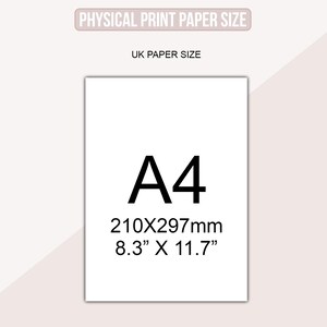 May include: A white A4 paper size sheet with black text indicating dimensions. The text reads "A4" in large font, followed by "210x297mm" and "8.3" X 11.7"" below. The image is labeled "PHYSICAL PRINT PAPER SIZE" and "UK PAPER SIZE".