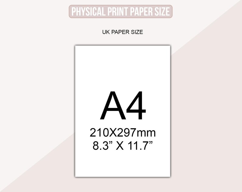 May include: A white A4 paper size sheet with black text indicating dimensions. The text reads "A4" in large font, followed by "210x297mm" and "8.3" X 11.7"" below. The image is labeled "PHYSICAL PRINT PAPER SIZE" and "UK PAPER SIZE".