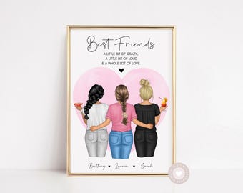 Personalised Best Friend Print, 3 Best Friends Gift, Three Best Friends Poem Picture, Birthday Gifts For Friends, Cousin, Soul Sisters