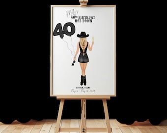Western Theme 40th Hoedown Birthday Sign, 30th Birthday Sign, Any Age, Cute Custom Rodeo Cowgirl Illustration Adult Birthday Party Decor