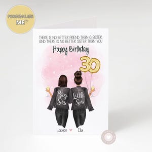 Sister 30th Birthday Card, Happy Birthday Best Sister Personalised Birthday Card, Big Sis Little Sis Custom People Print, Best Friend Gift