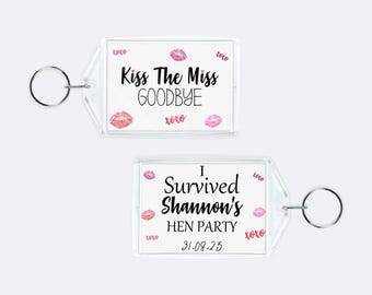Kiss The Miss Goodbye Personalised Keyring Hen Party Favours, Hen Do Party Bag Fillers, Funny Thank You Gift Ideas For Hen Goodie Bags Prize