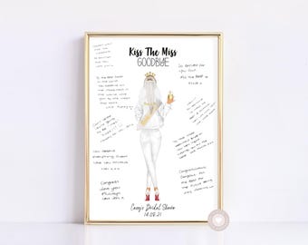 Personalised Bridal Shower Gifts For Bride, Kiss The Miss Goodbye Print, Hen Do Memory Book Alternative, Cute Classy Hen Party Decorations