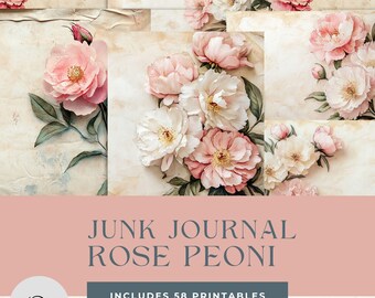 Rose Peony Junk Journal Kit: Printable Ephemera, Tags (Digital Download)