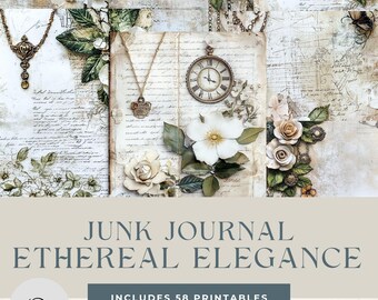 Ethereal Elegance Junk Journal Kit: Floral Ephemera, Printable Papers (Digital Download)