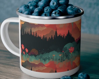 Sunset Forest Enamel Camping Mug – Nature Scene Floral Mug for Outdoor Lovers, Hikers & Campers