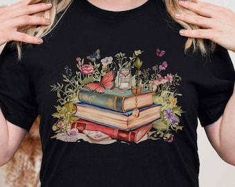 Cottagecore Book Lover T-Shirt – Floral Book Stack Graphic Tee, Cozy Reading Shirt for Bibliophiles & Nature Lovers