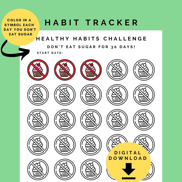 No Sugar Challenge Printable | 30 Day No Sugar Challenge | Healthy Diet Challenge | Habit Tracker |  Sugar Tracker | No Sugar Tracker