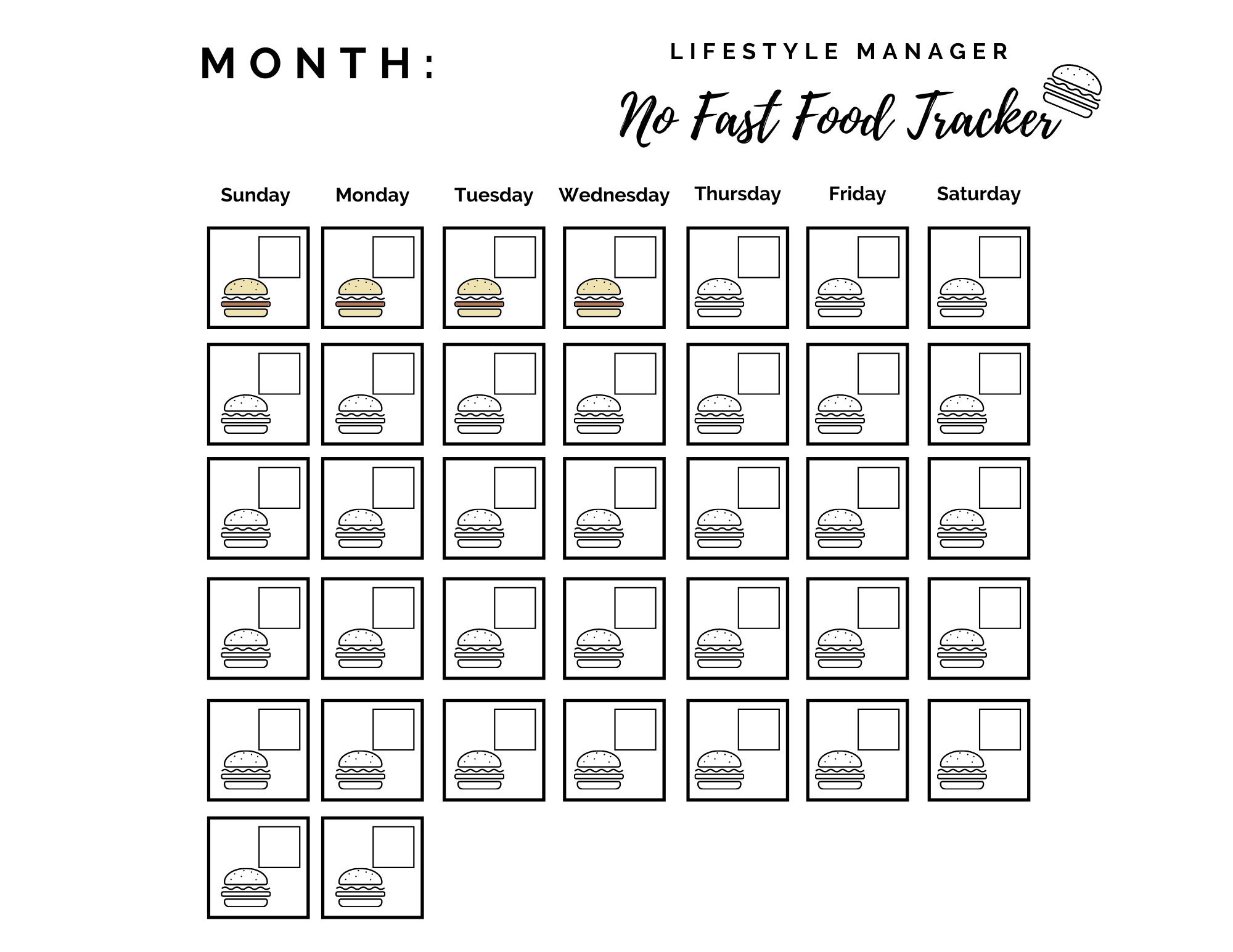 No Fast Food Calendar Printable No Take Away Calendar No Etsy