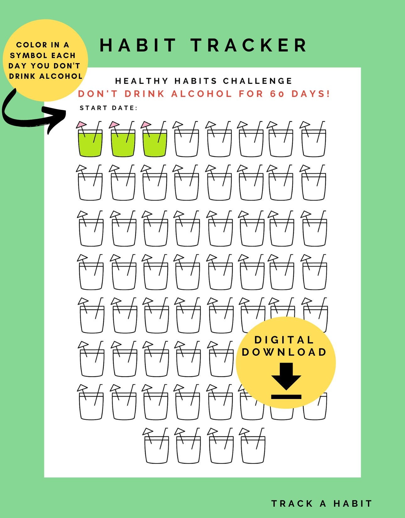 No Alcohol for 60 Days Challenge Printable No Alcohol Challenge Dry Month Challenge No Drinking Alcohol Tracker Stop Drinking - Etsy