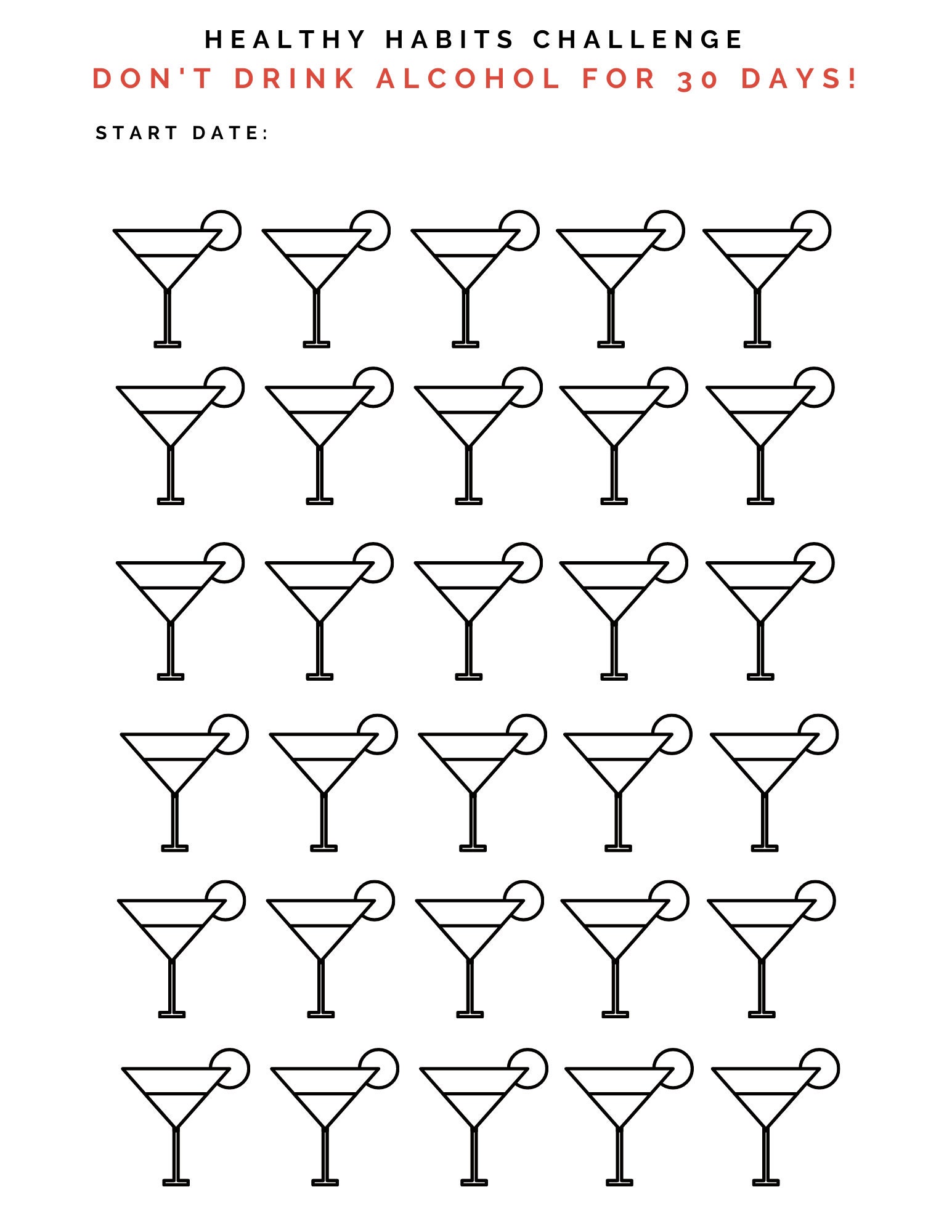 No Alcohol For 30 Days Printable Challenge Printable PDF Dry Month