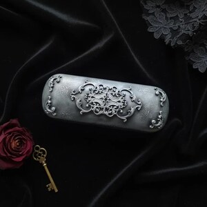 Vintage Eyeglass Case, Black & Silver, Gothic Victorian Baroque Style